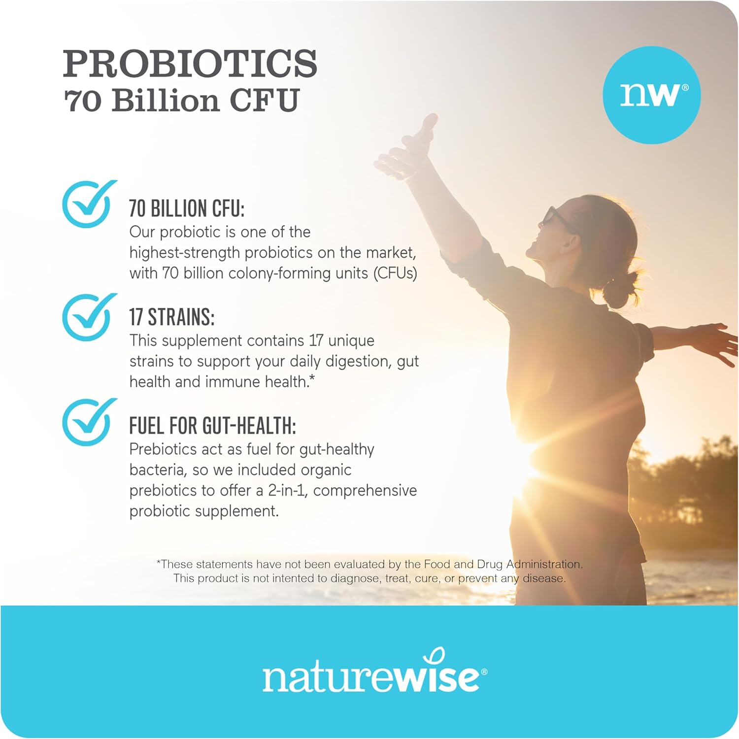 NatureWise Probiotics 70 Billion CFU with Organic Prebiotics for Immune, Digestive & Gut Health - 60 Capsules