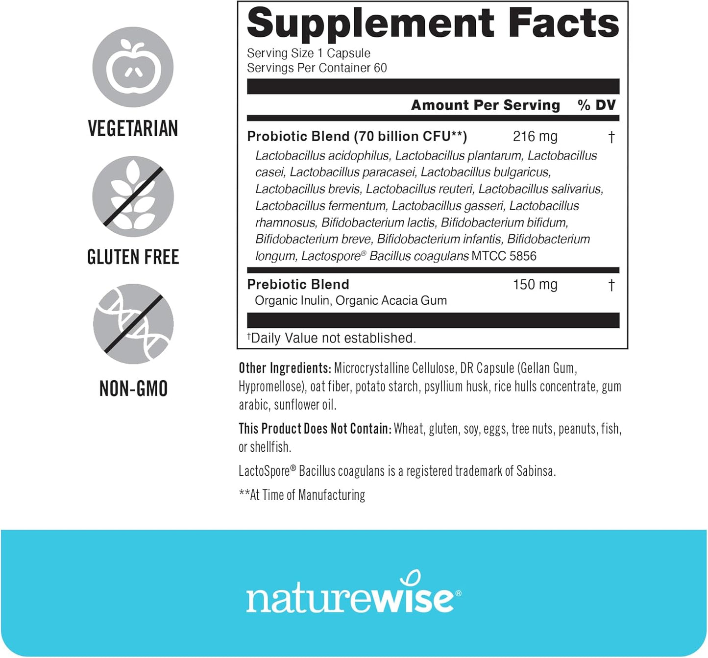 NatureWise Probiotics 70 Billion CFU with Organic Prebiotics for Immune, Digestive & Gut Health - 60 Capsules