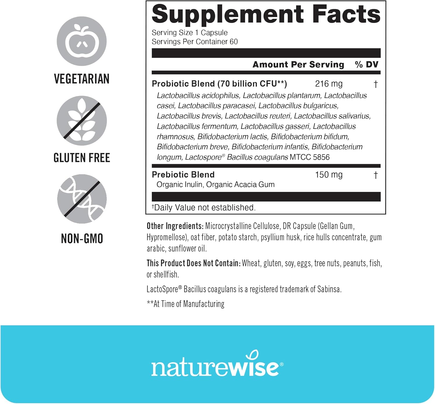 NatureWise Probiotics 70 Billion CFU with Organic Prebiotics for Immune, Digestive & Gut Health - 60 Capsules