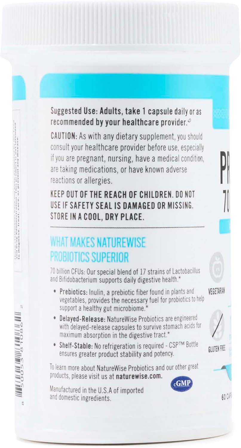 NatureWise Probiotics 70 Billion CFU with Organic Prebiotics for Immune, Digestive & Gut Health - 60 Capsules