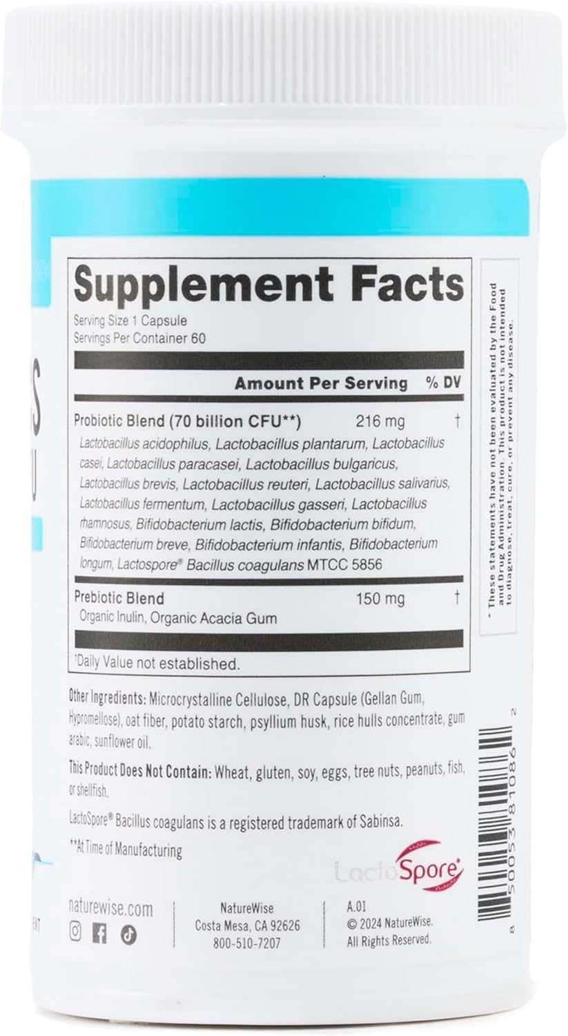NatureWise Probiotics 70 Billion CFU with Organic Prebiotics for Immune, Digestive & Gut Health - 60 Capsules