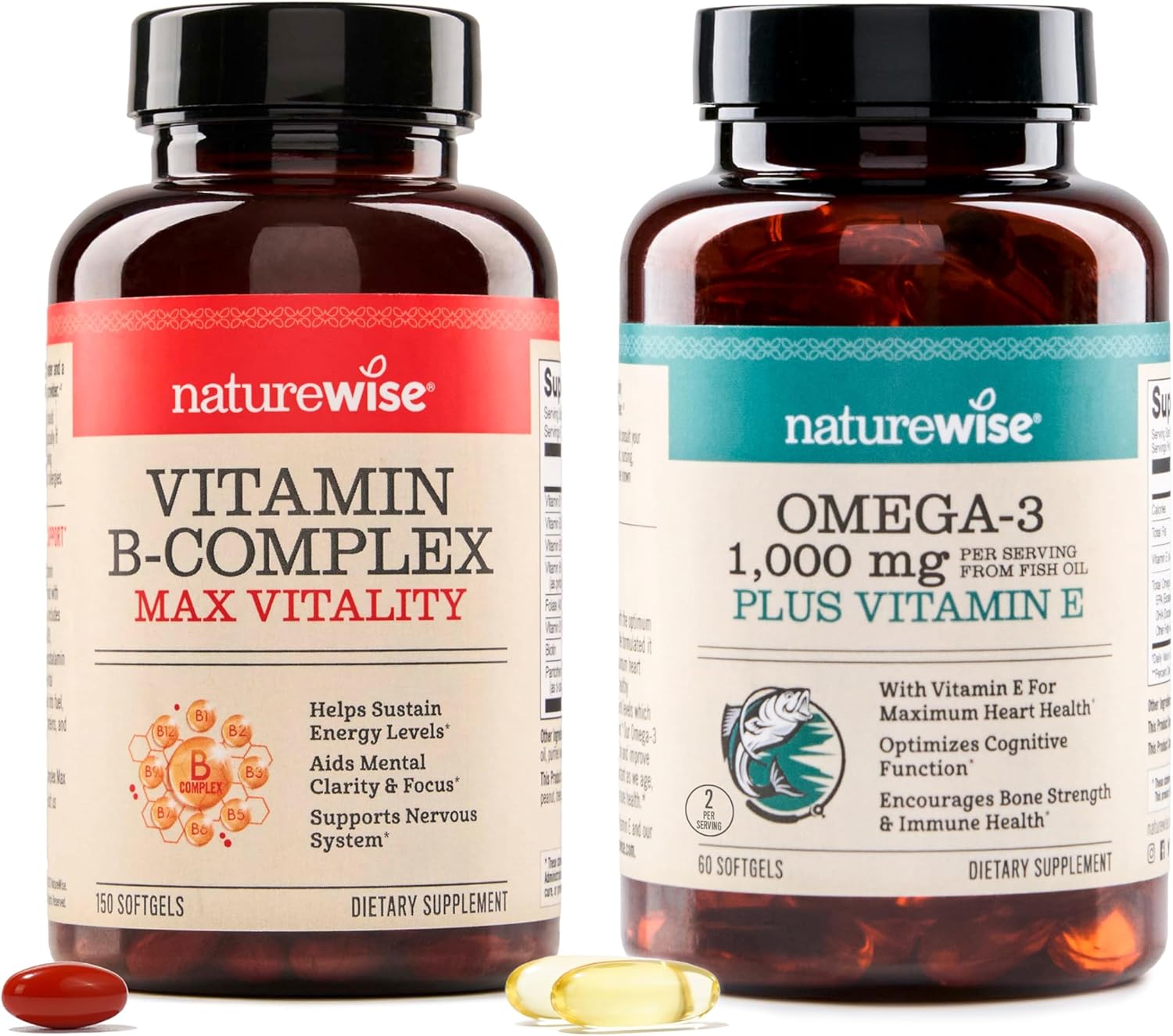 NatureWise Vitamin B Complex & Omega 3 Fish Oil Softgels for Cellular Energy, Heart, Brain, and Eye Support