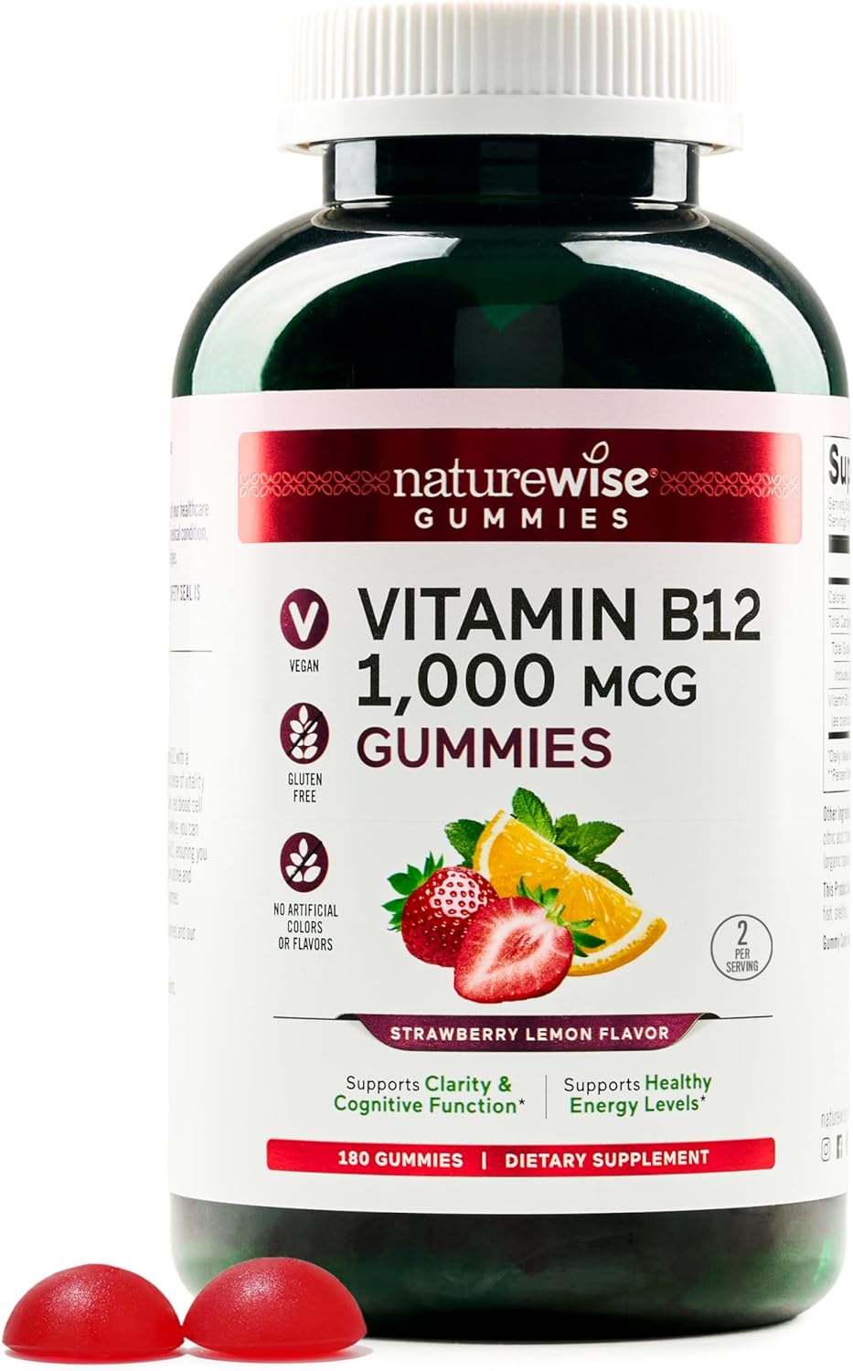NatureWise Vitamin B12 Gummies - 1000 mcg - Strawberry Lemon Flavor - Energy & Cognitive Support - Vegan, Gluten-Free - 180 Gummies