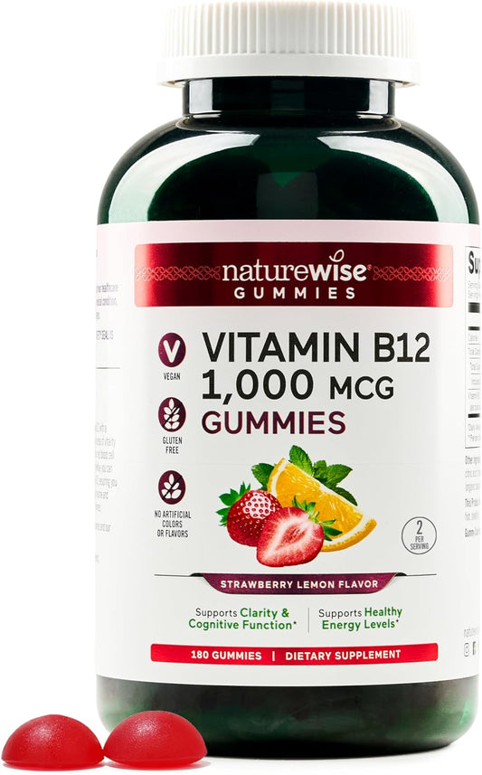NatureWise Vitamin B12 Gummies - 1000 mcg - Strawberry Lemon Flavor - Energy & Cognitive Support - Vegan, Gluten-Free - 180 Gummies