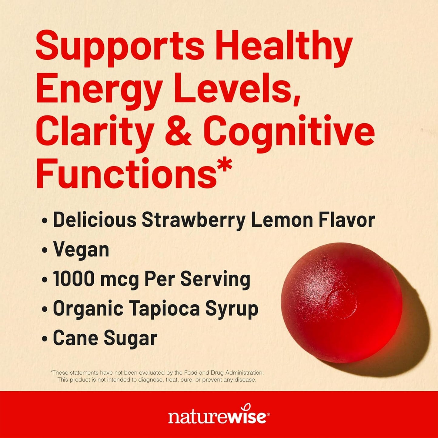 NatureWise Vitamin B12 Gummies - 1000 mcg - Strawberry Lemon Flavor - Energy & Cognitive Support - Vegan, Gluten-Free - 180 Gummies