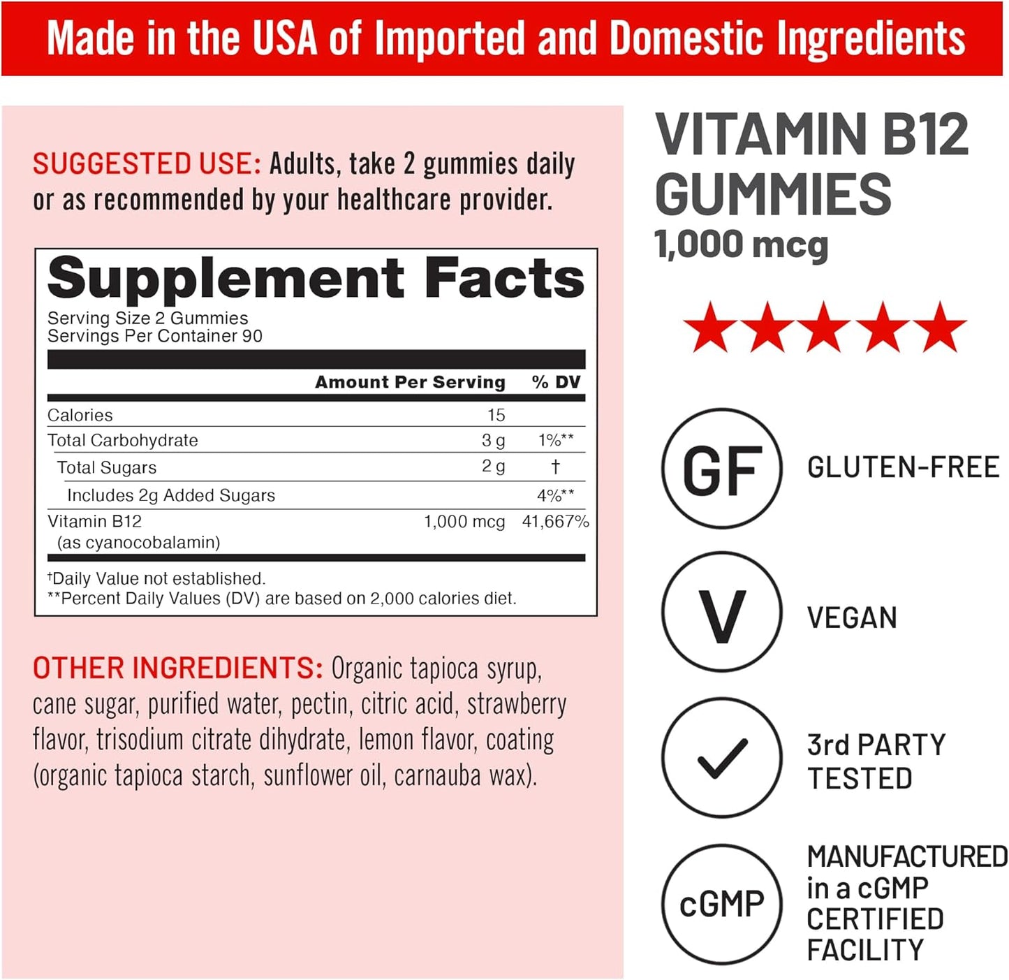 NatureWise Vitamin B12 Gummies - 1000 mcg - Strawberry Lemon Flavor - Energy & Cognitive Support - Vegan, Gluten-Free - 180 Gummies
