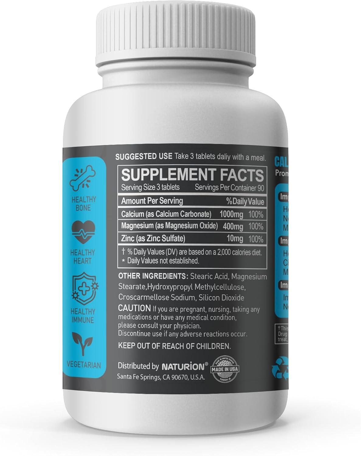 NATURION 3-in-1 Calcium Magnesium Zinc Supplement with 1000mg Calcium, 500mg Magnesium, 10mg Zinc - Bone, Muscle & Immune Support - 270 Tablets, 90 Day Supply