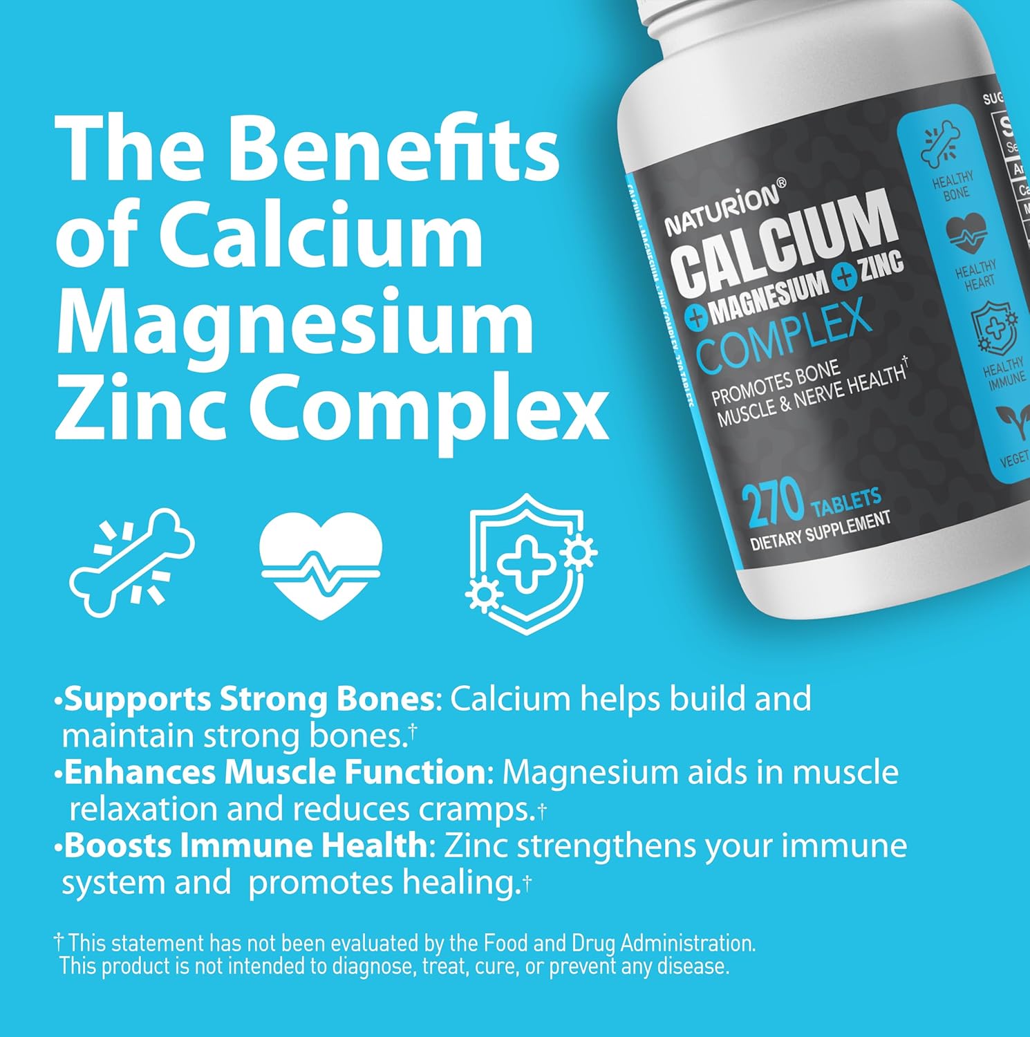 NATURION 3-in-1 Calcium Magnesium Zinc Supplement with 1000mg Calcium, 500mg Magnesium, 10mg Zinc - Bone, Muscle & Immune Support - 270 Tablets, 90 Day Supply