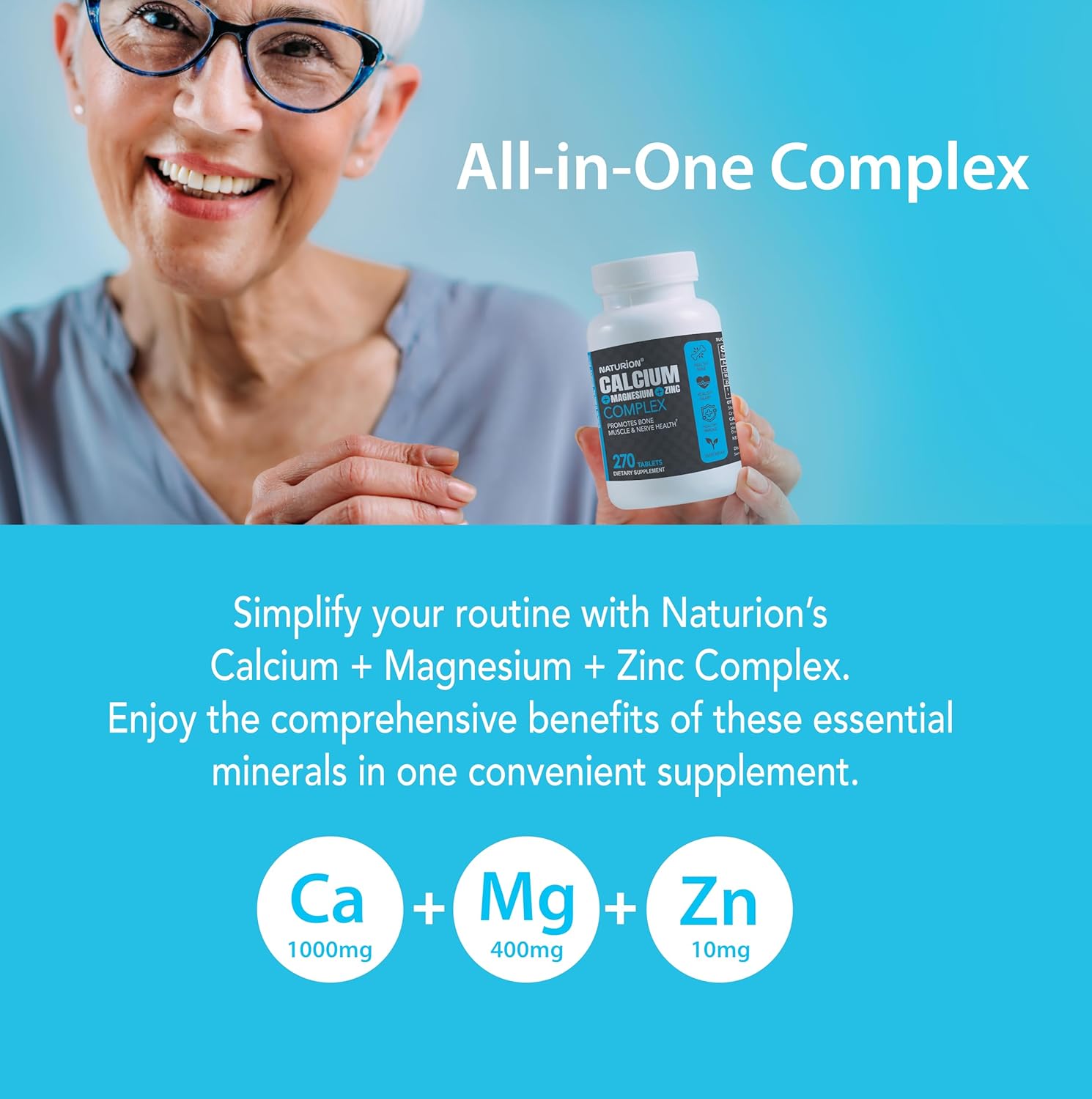 NATURION 3-in-1 Calcium Magnesium Zinc Supplement with 1000mg Calcium, 500mg Magnesium, 10mg Zinc - Bone, Muscle & Immune Support - 270 Tablets, 90 Day Supply