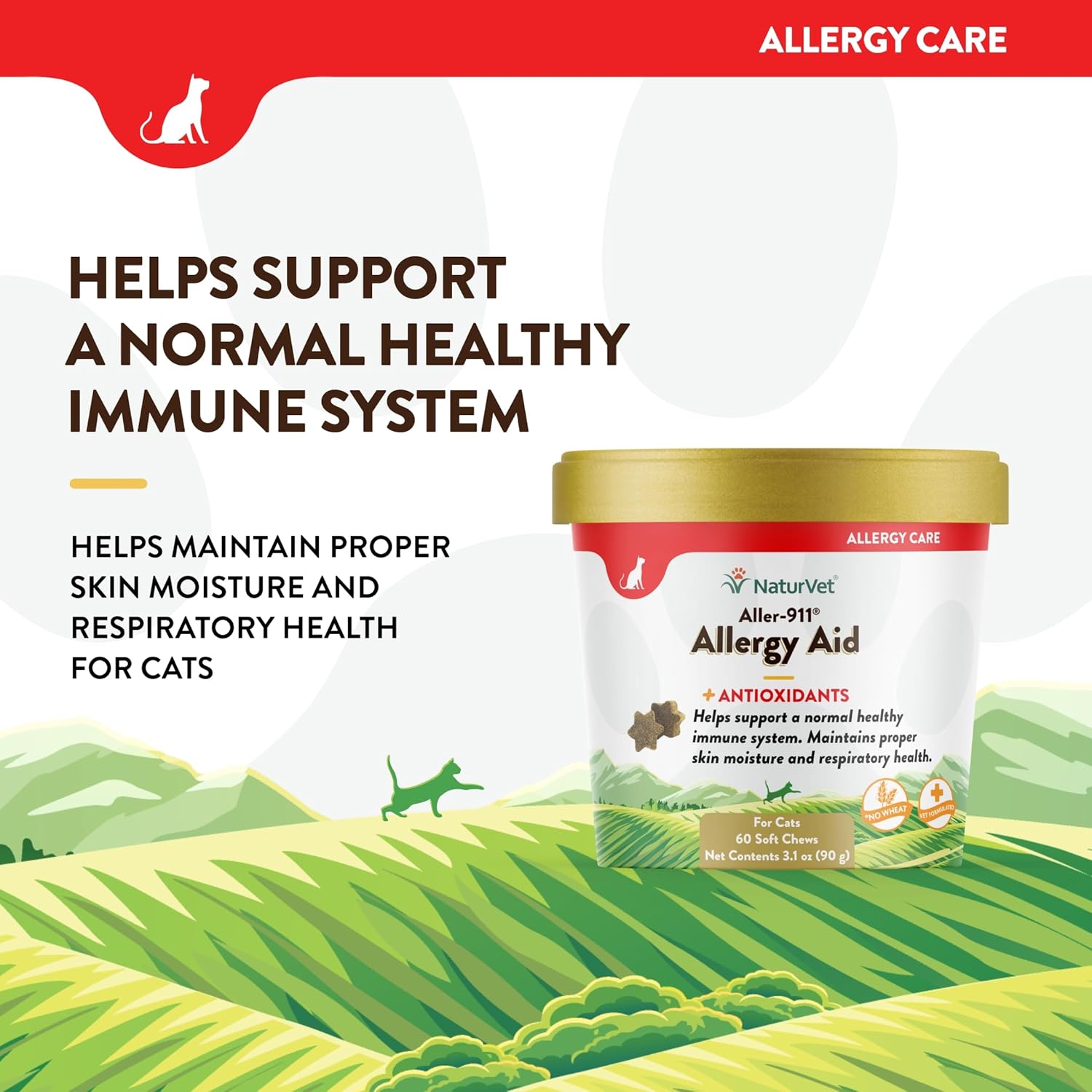 NaturVet Aller-911 Allergy Aid Soft Chews for Cats - Supports Immune System & Skin Health - Omega-3 & Antioxidants - 60 Chews