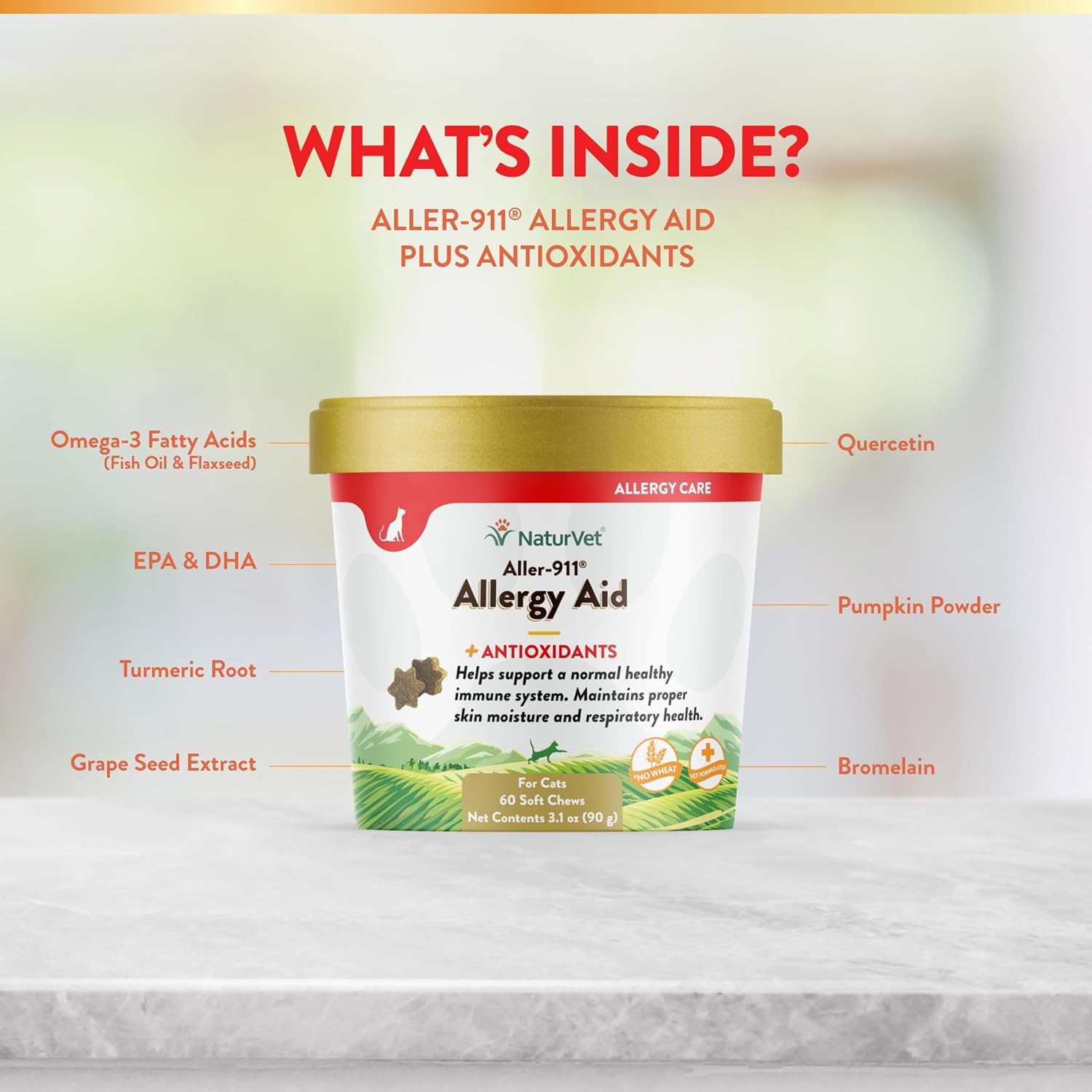 NaturVet Aller-911 Allergy Aid Soft Chews for Cats - Supports Immune System & Skin Health - Omega-3 & Antioxidants - 60 Chews