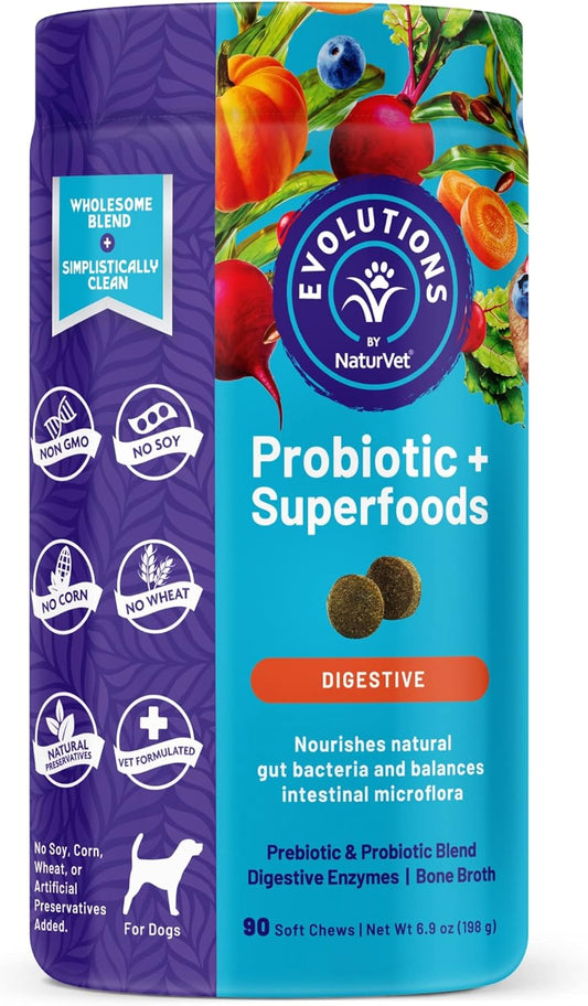 NaturVet Evolutions Probiotic & Superfoods Soft Chews for Dogs - Prebiotic & Probiotic Blend, Digestive Enzymes, Bone Broth, Omega’s - Support Gut Health and Intestinal Flora - 90ct - BoostGo Australia