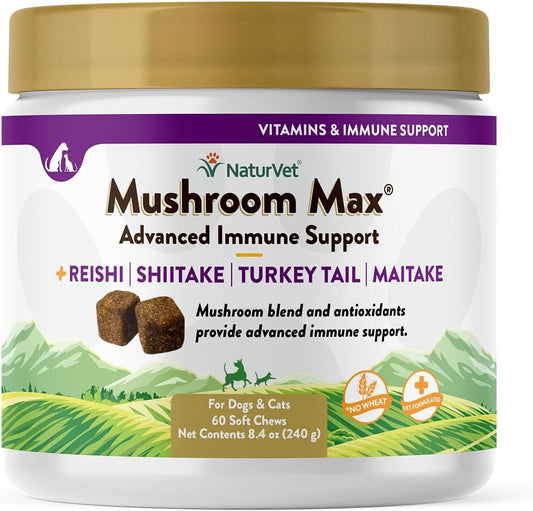 NaturVet Mushroom Max Immune Support Supplement for Dogs - Enhances Immunity and Overall Health - 60 Ct. with Shitake, Reishi, Turkey Tail