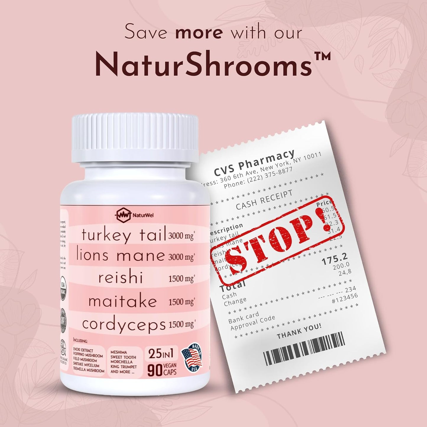 NaturWel Mushroom Blend Focus Pills - 90 Count with Turkey Tail, Lions Mane, Reishi, Chaga, Maitake, Cordyceps, Shiitake - 3000mg/1500mg - 1 Pack