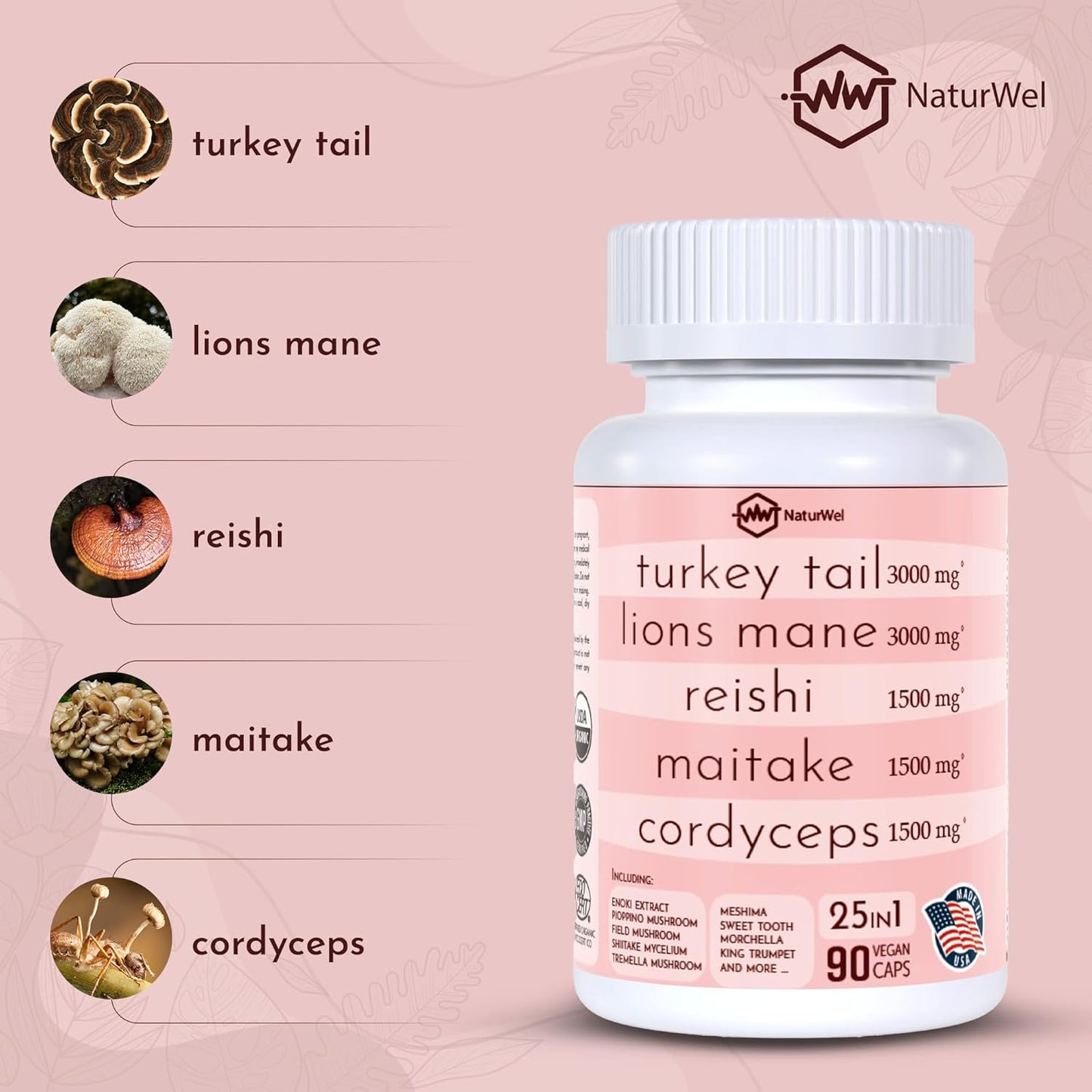 NaturWel Mushroom Blend Focus Pills - 90 Count with Turkey Tail, Lions Mane, Reishi, Chaga, Maitake, Cordyceps, Shiitake - 3000mg/1500mg - 1 Pack