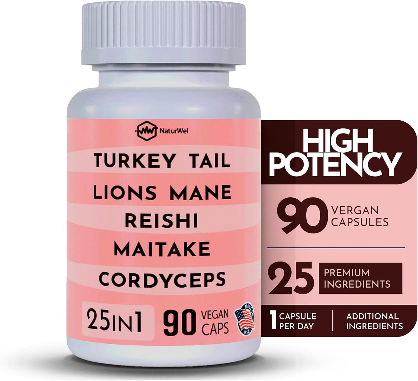 NaturWel Mushroom Blend Focus Pills - 90 Count with Turkey Tail, Lions Mane, Reishi, Chaga, Maitake, Cordyceps, Shiitake - 3000mg/1500mg - 1 Pack