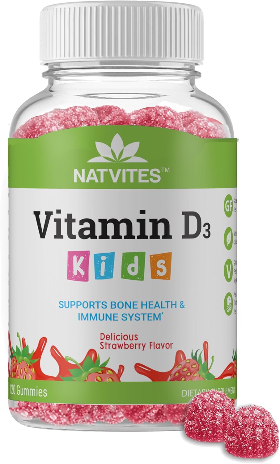 Natvites Vitamin D1000IU Pectin Gummies for Kids - Strawberry Flavored - Bone Health & Immune Support - Non-GMO, Gluten-Free, Vegan - 120 Count