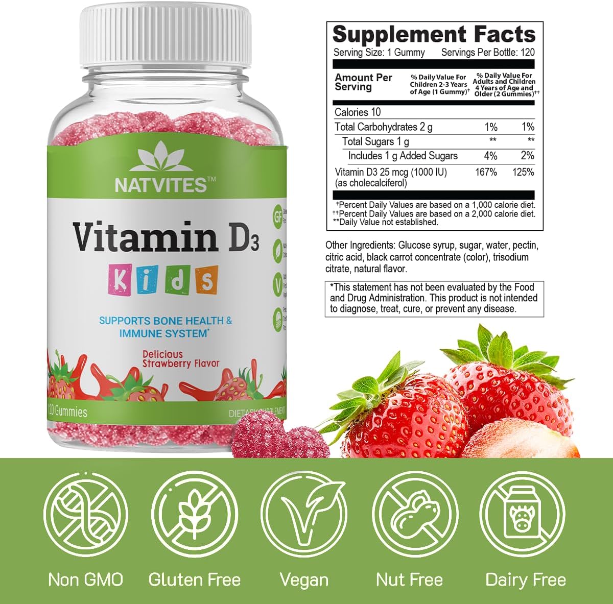 Natvites Vitamin D1000IU Pectin Gummies for Kids - Strawberry Flavored - Bone Health & Immune Support - Non-GMO, Gluten-Free, Vegan - 120 Count