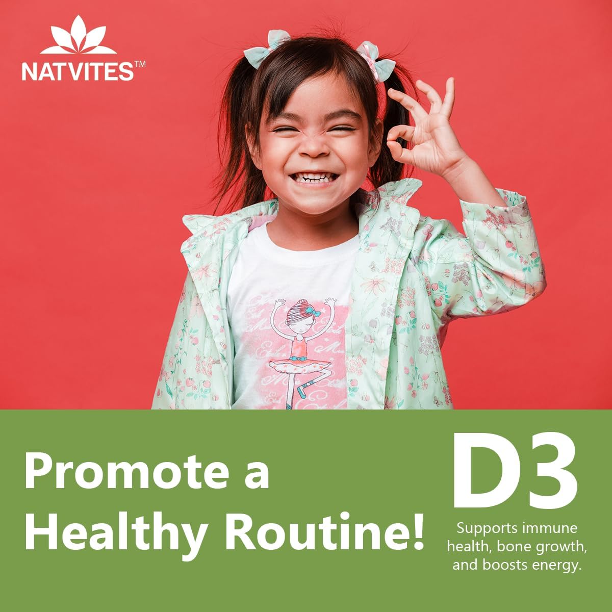 Natvites Vitamin D1000IU Pectin Gummies for Kids - Strawberry Flavored - Bone Health & Immune Support - Non-GMO, Gluten-Free, Vegan - 120 Count