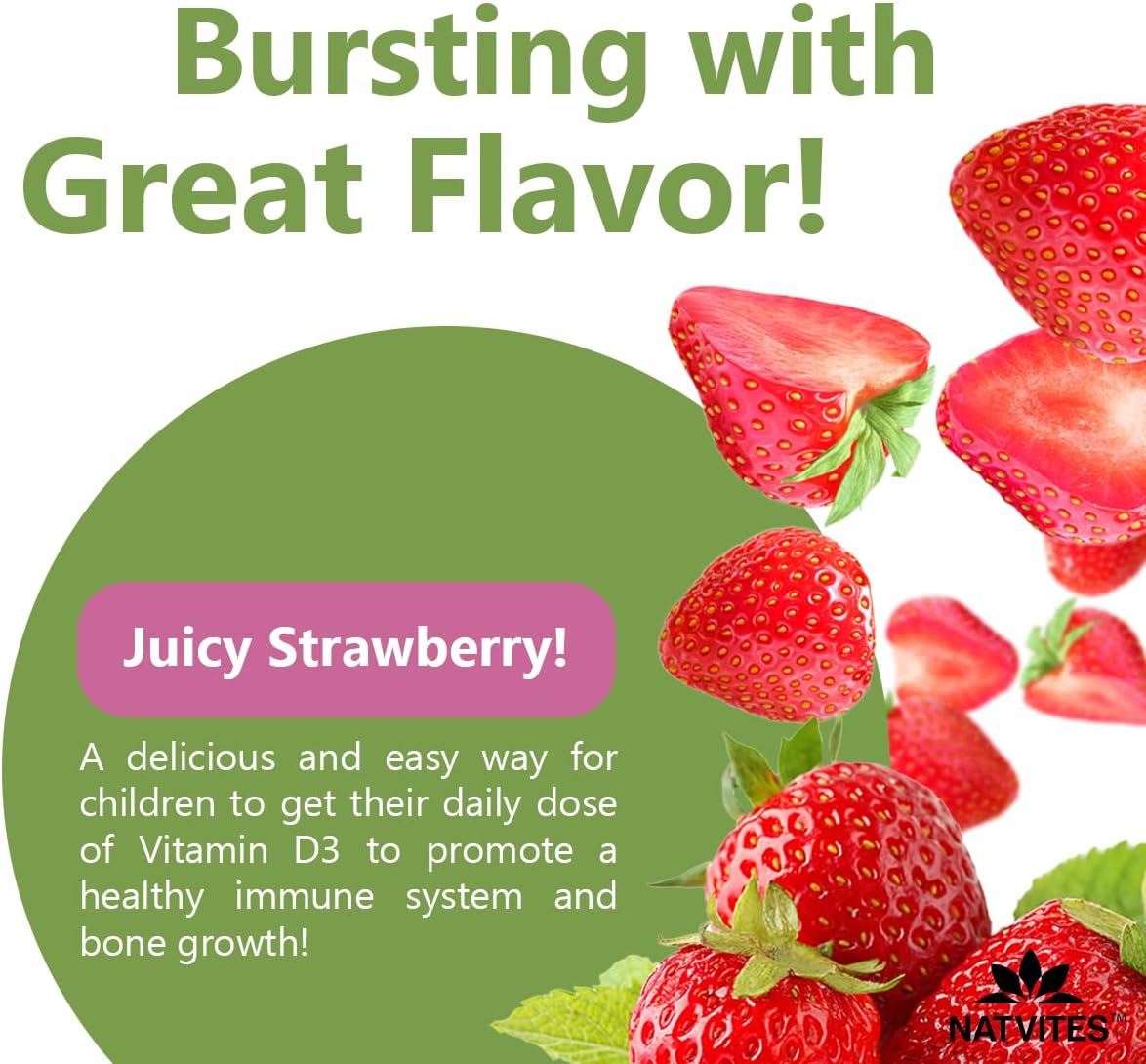 Natvites Vitamin D1000IU Pectin Gummies for Kids - Strawberry Flavored - Bone Health & Immune Support - Non-GMO, Gluten-Free, Vegan - 120 Count