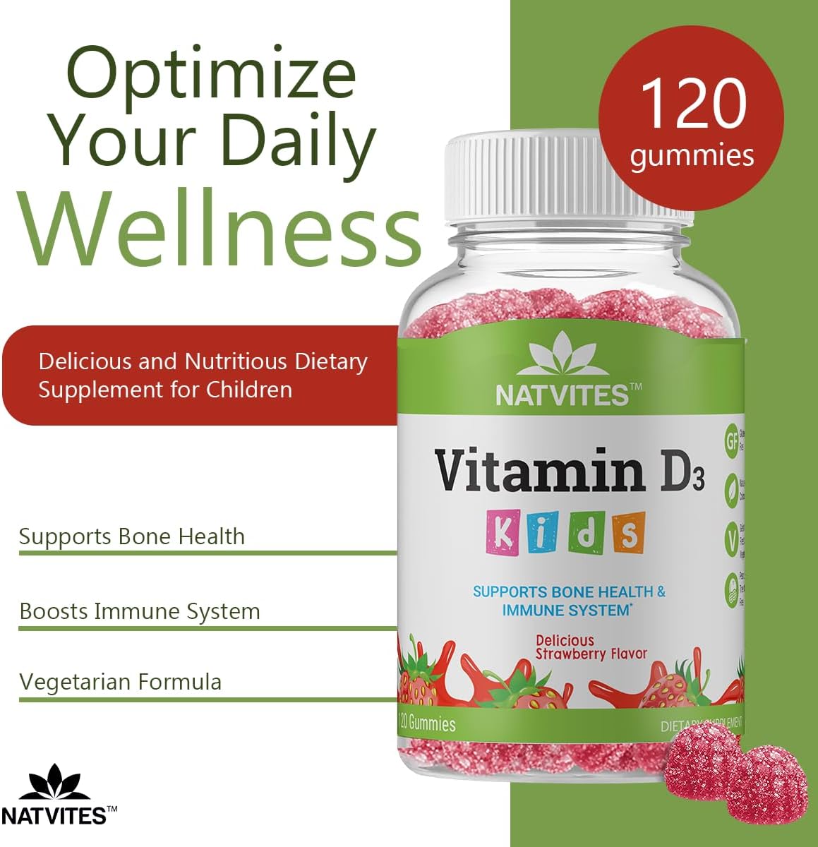 Natvites Vitamin D1000IU Pectin Gummies for Kids - Strawberry Flavored - Bone Health & Immune Support - Non-GMO, Gluten-Free, Vegan - 120 Count