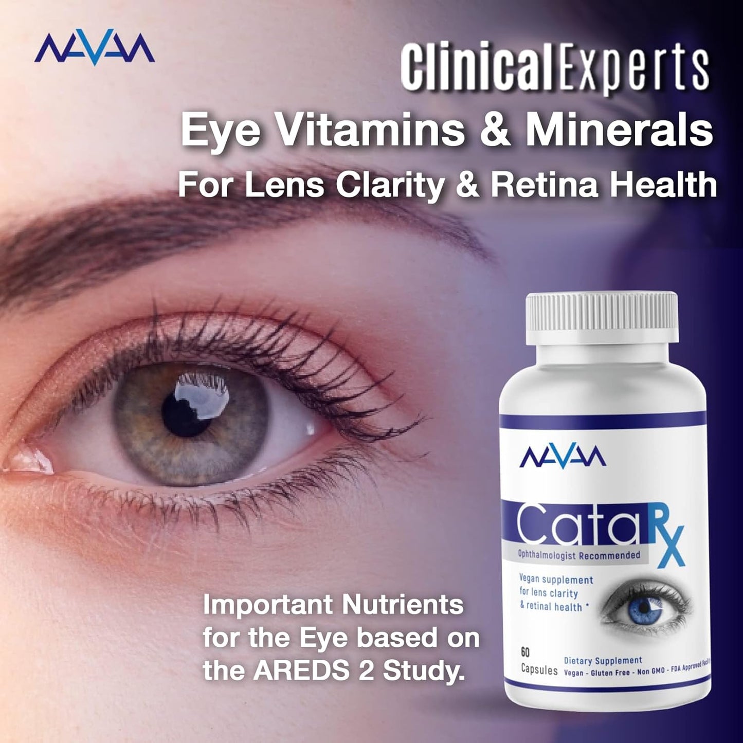 Navan CataRx Eye Vitamins & Minerals for Lens Clarity & Retina Health - AREDS 2 Formula with Lutein, Zeaxanthin, Zinc, Vitamin C, NAC - 60 Capsules, Kosher Certified