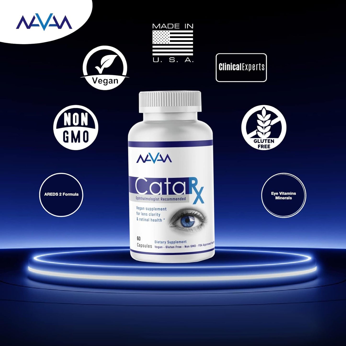 Navan CataRx Eye Vitamins & Minerals for Lens Clarity & Retina Health - AREDS 2 Formula with Lutein, Zeaxanthin, Zinc, Vitamin C, NAC - 60 Capsules, Kosher Certified