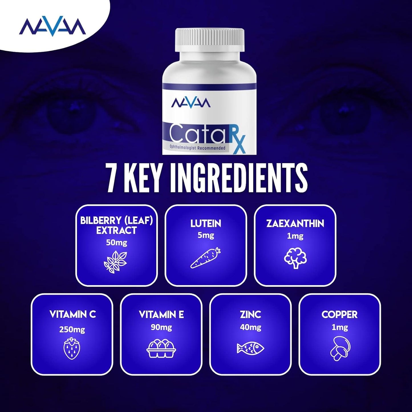 Navan CataRx Eye Vitamins & Minerals for Lens Clarity & Retina Health - AREDS 2 Formula with Lutein, Zeaxanthin, Zinc, Vitamin C, NAC - 60 Capsules, Kosher Certified