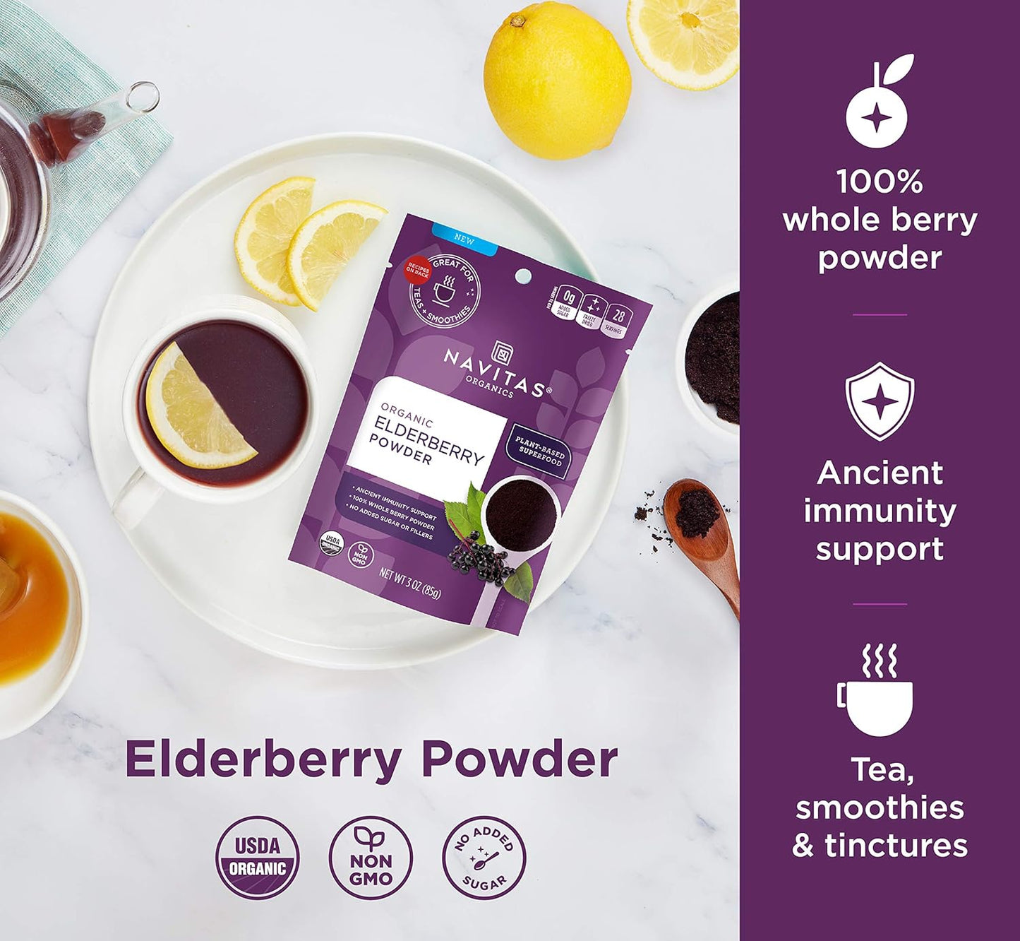 Navitas Organics Elderberry Powder 3oz Bag - 100% Whole Elderberry Powder for Immune Support - Organic & Non-GMO - 56 Servings Total