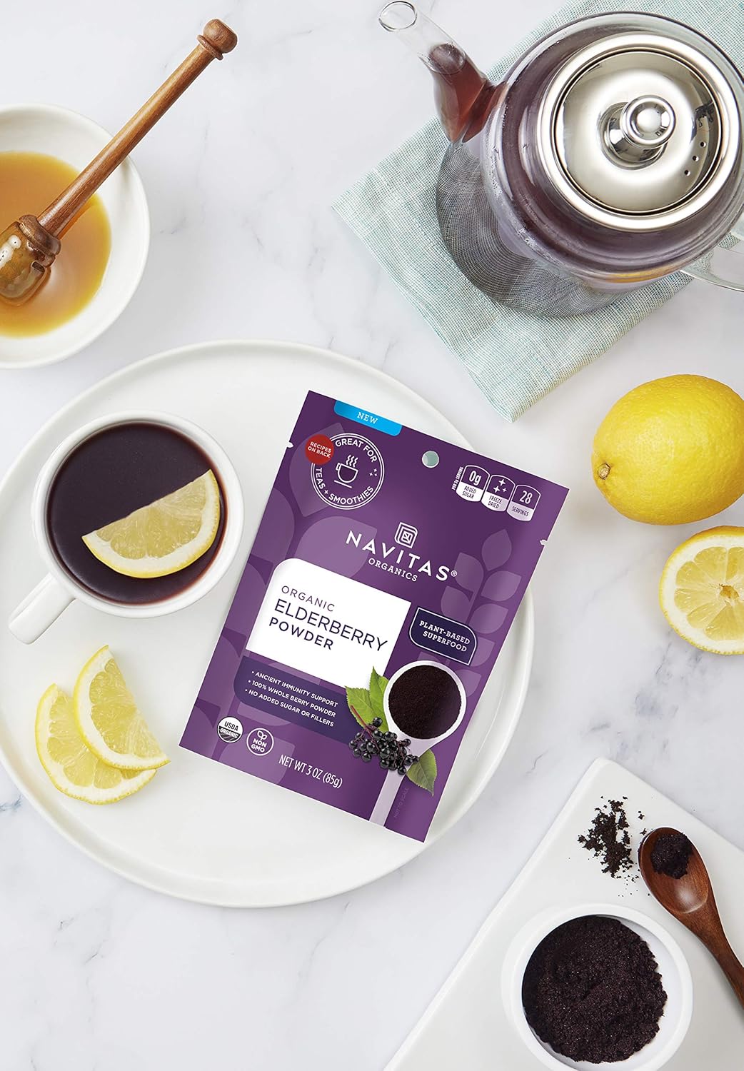 Navitas Organics Elderberry Powder 3oz Bag - 100% Whole Elderberry Powder for Immune Support - Organic & Non-GMO - 56 Servings Total