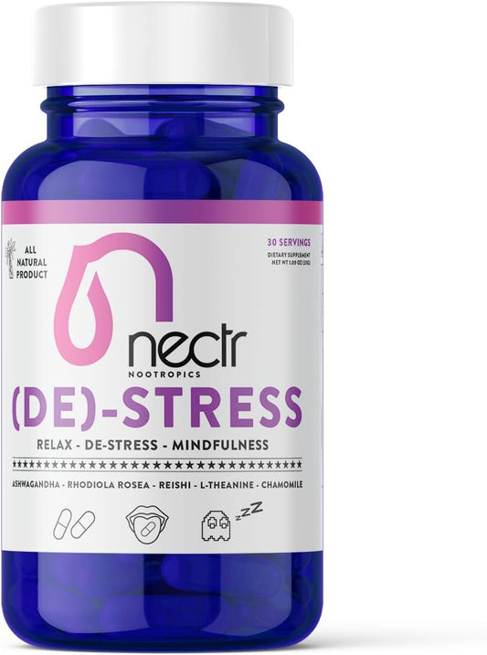 Nectr DE-Stress Capsules with Ashwagandha, Rhodiola Rosea, Reishi Extract, L-Theanine, and Chamomile - Natural Mood Support - 30 Servings - Made in Sweden