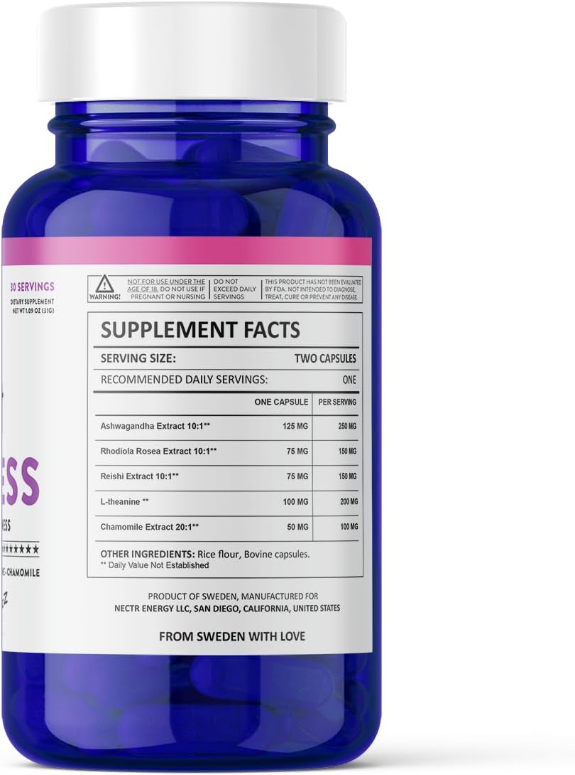 Nectr DE-Stress Capsules with Ashwagandha, Rhodiola Rosea, Reishi Extract, L-Theanine, and Chamomile - Natural Mood Support - 30 Servings - Made in Sweden