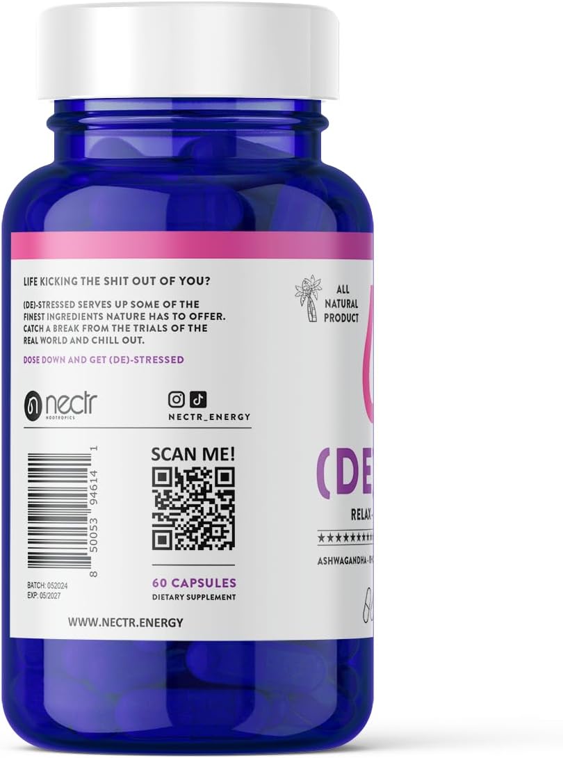 Nectr DE-Stress Capsules with Ashwagandha, Rhodiola Rosea, Reishi Extract, L-Theanine, and Chamomile - Natural Mood Support - 30 Servings - Made in Sweden