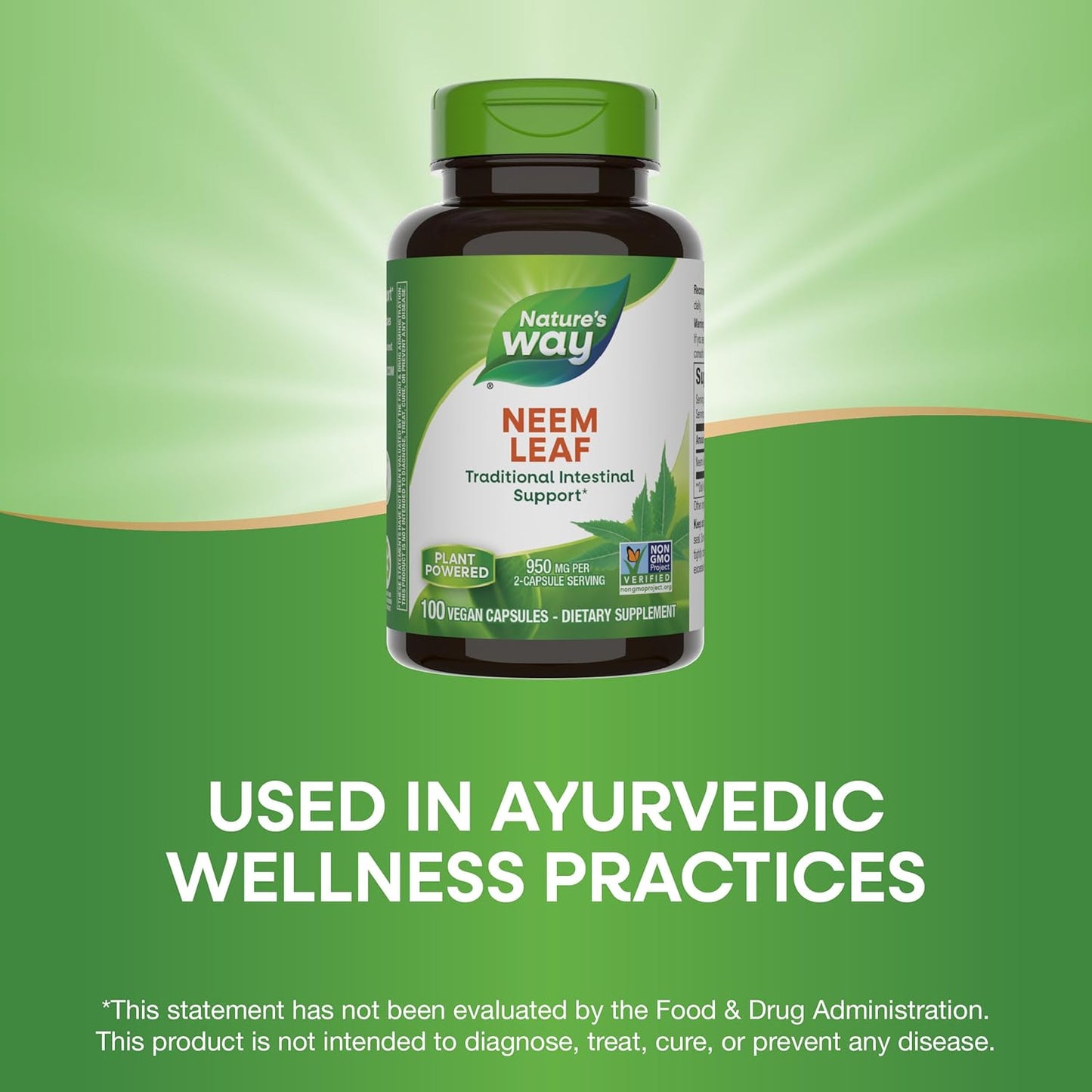 Neem Leaf Herbal Supplement for Intestinal Support - 950mg per Serving - Vegan - Non-GMO - 100 Capsules