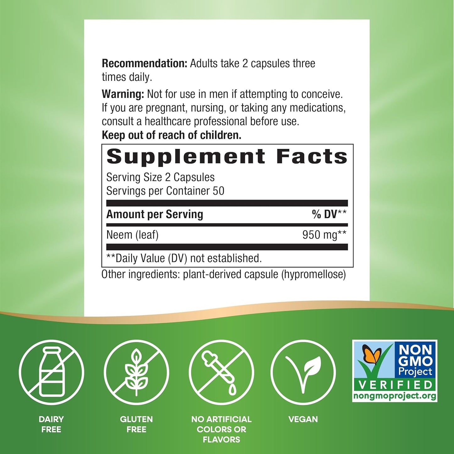 Neem Leaf Herbal Supplement for Intestinal Support - 950mg per Serving - Vegan - Non-GMO - 100 Capsules