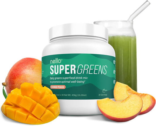 Nello Supergreens - Superfood Greens Drink Mix with Chlorella, Moringa, Spinach, & Broccoli + Digestive Enzymes & Probiotics - Mango Peach Flavor, 30 Servings