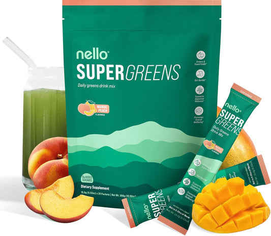Nello Supergreens Premium Superfood Greens Drink Mix with Chlorella, Moringa, Spinach, Broccoli, Digestive Enzymes, and Probiotic Blend - Nutrient-Packed Powder Wellness in Mango Peach Flavor, 20 Servings, Travel Pack