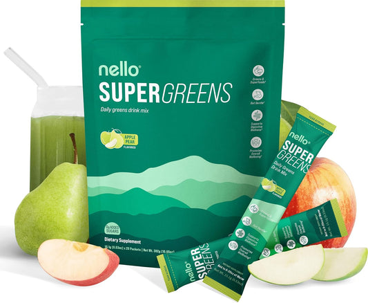 Nello Supergreens Premium Superfood Greens Drink Mix with Chlorella, Moringa, Spinach, and Broccoli - Nutrient-Packed Powder Wellness with Probiotics and Digestive Enzymes (Apple Pear Flavor, 20 Servings, Travel Pack)