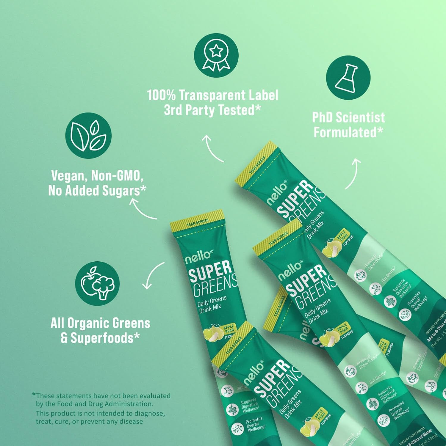 Nello Supergreens Premium Superfood Greens Drink Mix with Chlorella, Moringa, Spinach, and Broccoli - Nutrient-Packed Powder Wellness with Probiotics and Digestive Enzymes (Apple Pear Flavor, 20 Servings, Travel Pack)