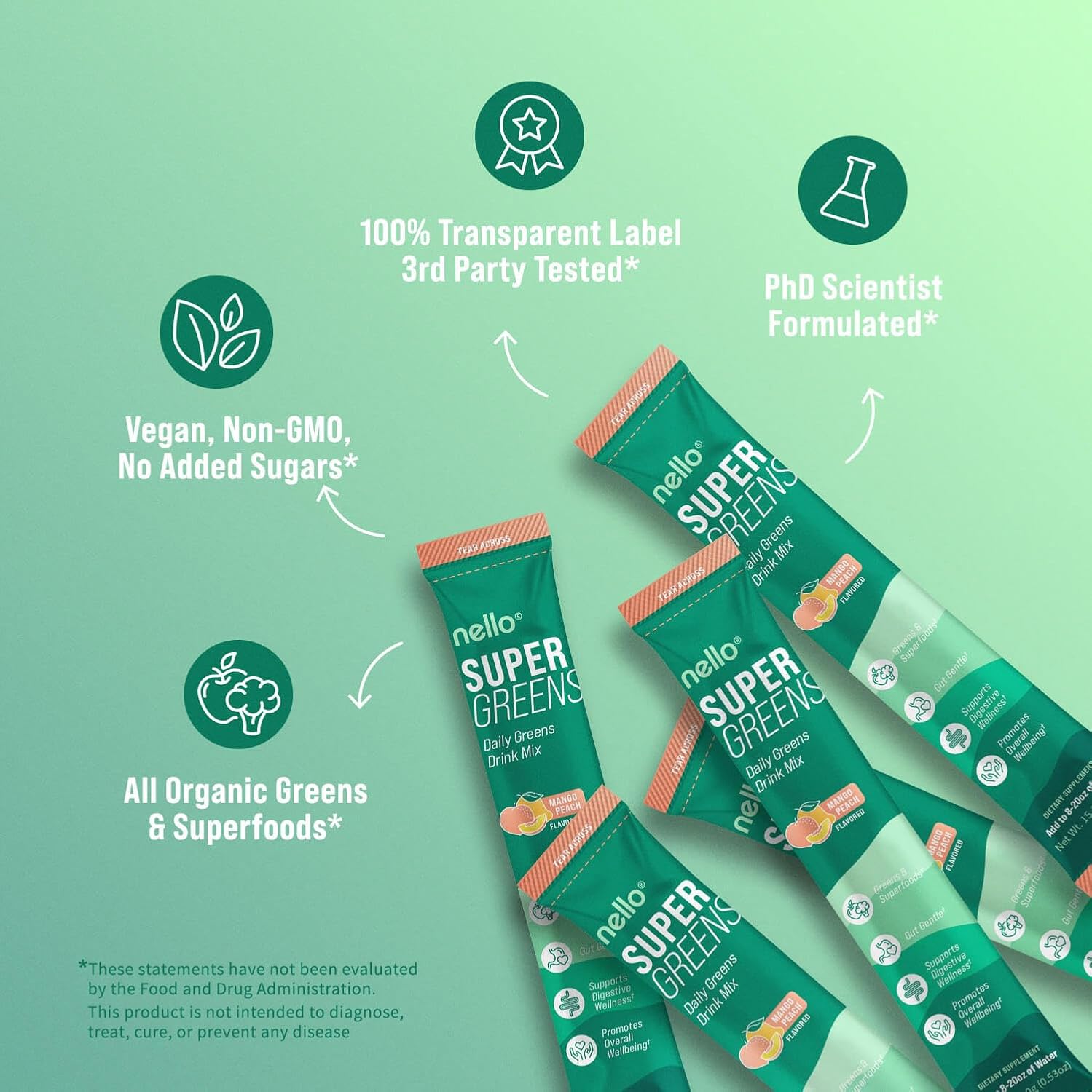 Nello Supergreens Premium Superfood Greens Drink Mix with Chlorella, Moringa, Spinach, Broccoli, Digestive Enzymes, and Probiotic Blend - Nutrient-Packed Powder Wellness in Mango Peach Flavor, 20 Servings, Travel Pack