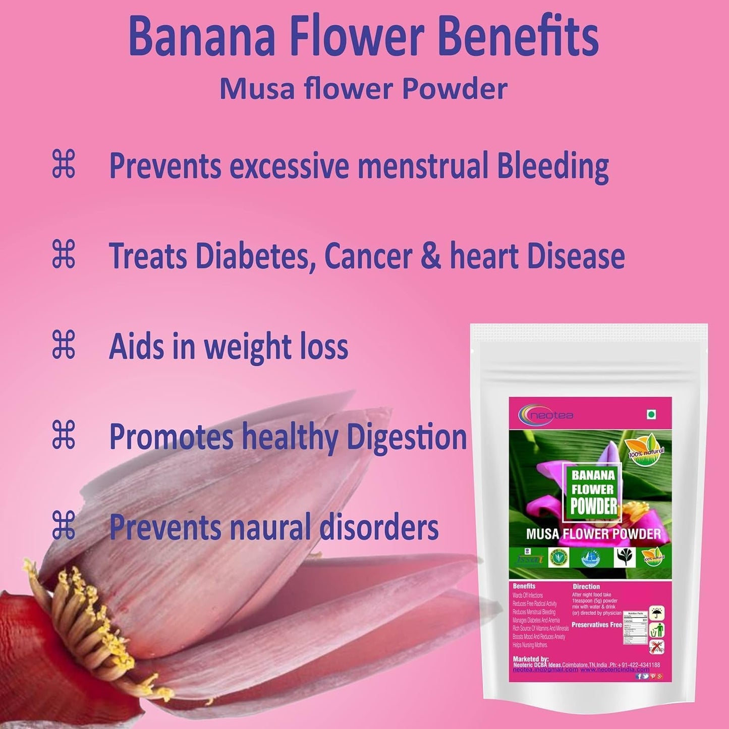 Neotea Organic Musa Flower (Vazhaipoo) Powder - Fiber-Rich, Gluten-Free Vegan Superfood for Smoothies, Baking, Cooking - 100% Natural Non-GMO 300g