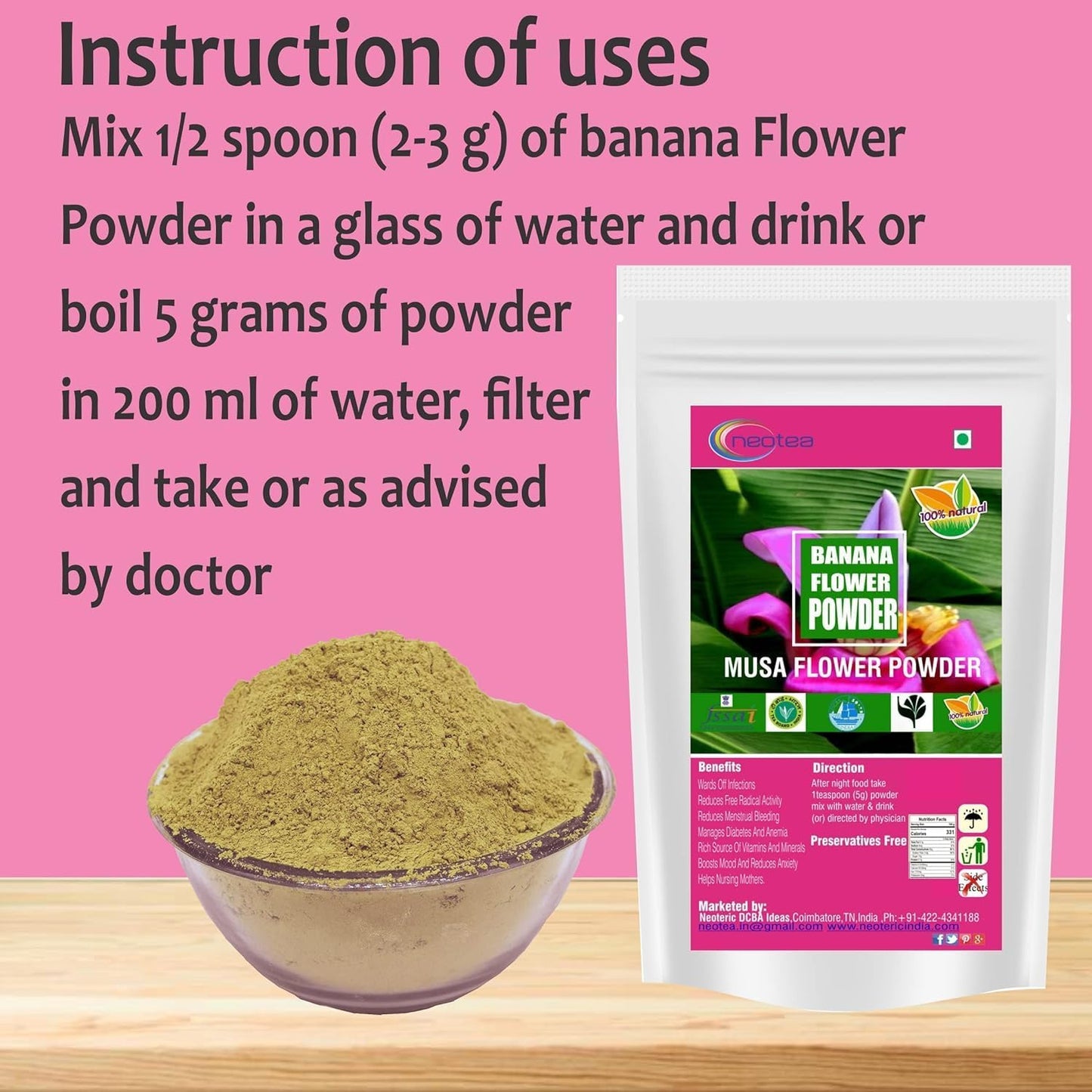 Neotea Organic Musa Flower (Vazhaipoo) Powder - Fiber-Rich, Gluten-Free Vegan Superfood for Smoothies, Baking, Cooking - 100% Natural Non-GMO 300g