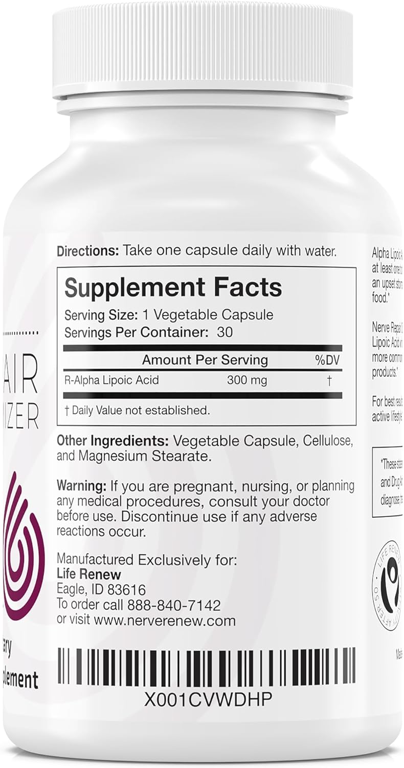 Nerve Renew Dietary Supplement - 30 Capsules - Stabilized R-Alpha Lipoic Acid for Nerve Discomfort - Fast Absorption - All Natural