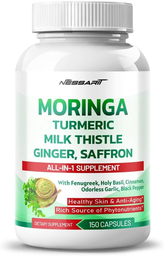 NESSARIT Moringa Supplement: 10-in-1 Natural Blend with Turmeric, Milk Thistle, Ginger, Saffron, Fenugreek, Holy Basil, Ceylon Cinnamon - 150 Count - USA Made & Tested