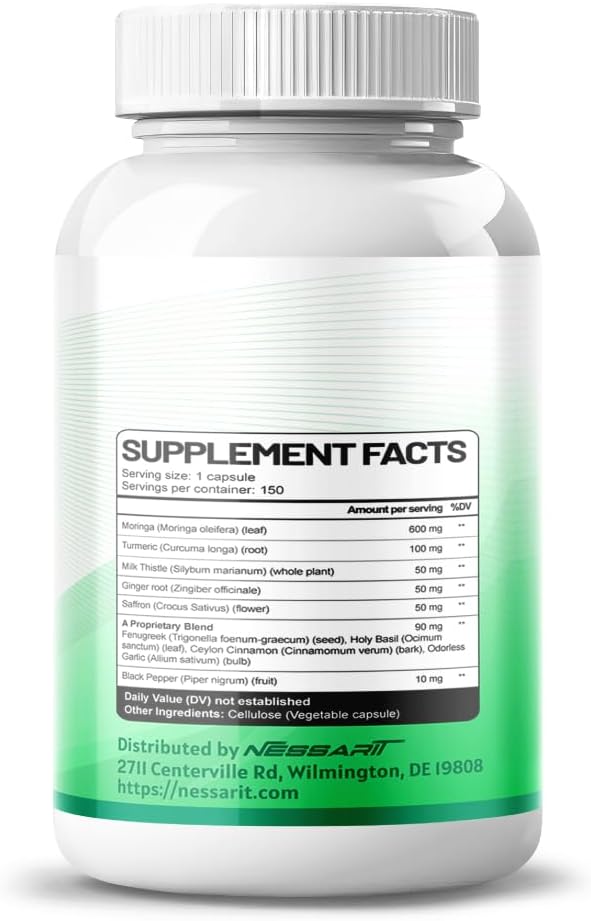 NESSARIT Moringa Supplement: 10-in-1 Natural Blend with Turmeric, Milk Thistle, Ginger, Saffron, Fenugreek, Holy Basil, Ceylon Cinnamon - 150 Count - USA Made & Tested