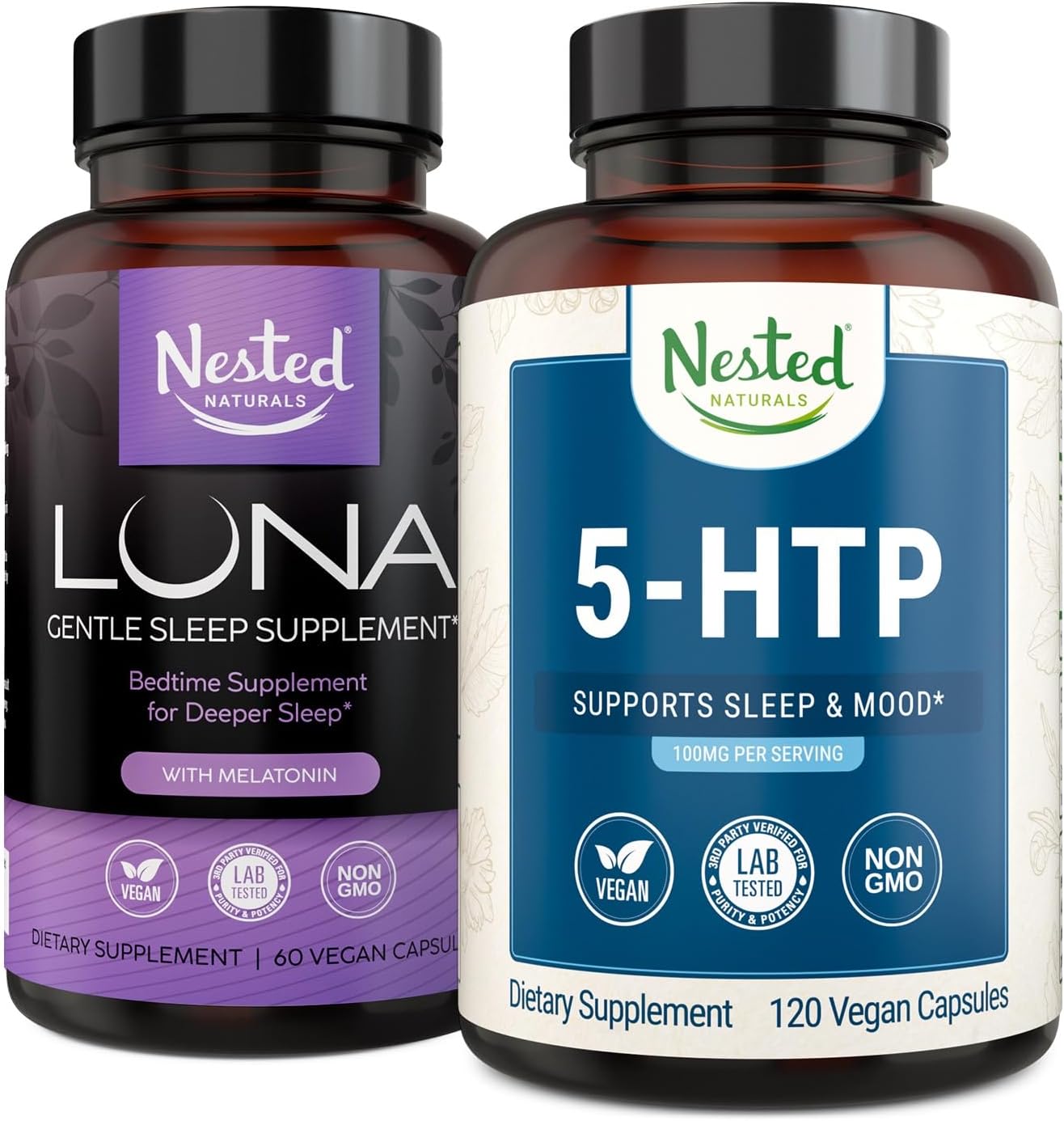 Nested Naturals Luna Sleep & 5-HTP Capsules Bundle - Vegan Supplements for Better Sleep, Relaxation, and Mood - 60 Capsules & 120 Capsules