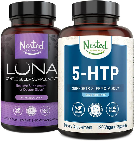 Nested Naturals Luna Sleep & 5-HTP Capsules Bundle - Vegan Supplements for Better Sleep, Relaxation, and Mood - 60 Capsules & 120 Capsules