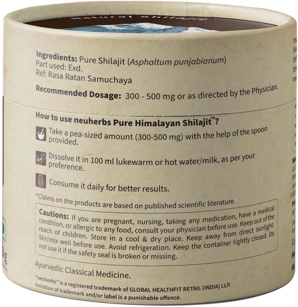 Neuherbs 100% Ayurvedic Himalayan Shilajit Resin 20G with 75% Fulvic Acid for Energy Boost & Immune Support, Men & Women | Lab Tested Black Shilajeet 20G Pack