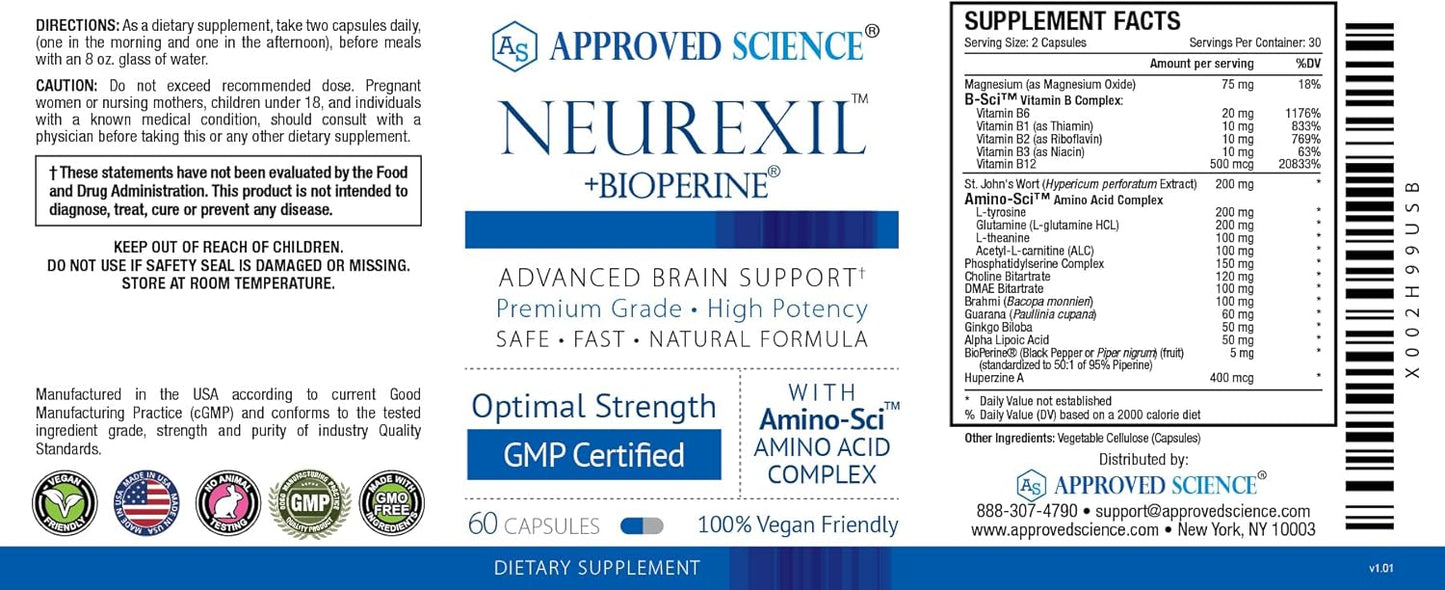 Neurexil Nootropic Support Supplement with DMAE for Brain Function, Memory, Clarity - L-Tyrosine, Ginkgo Biloba, Huperzine A, BioPerine - 60 Capsules