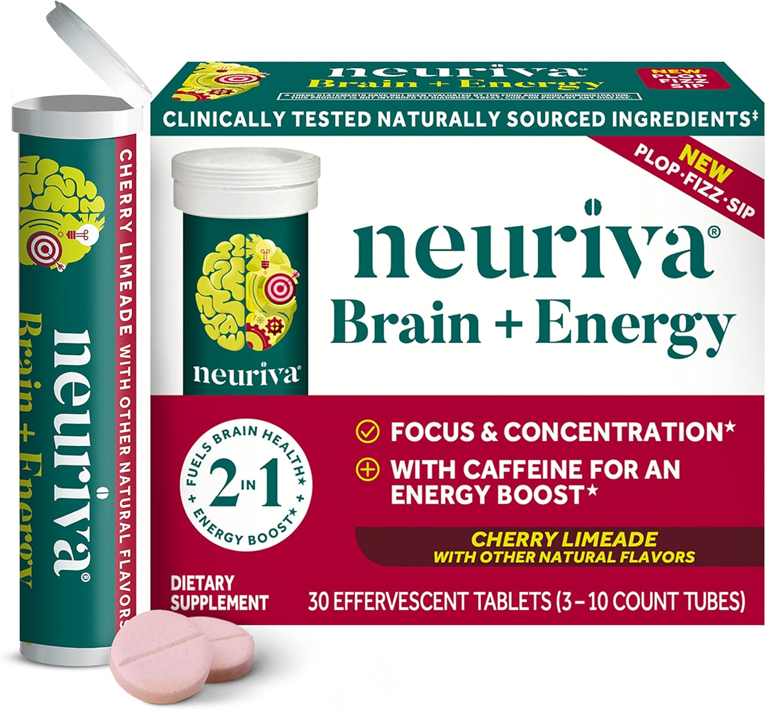 NEURIVA Brain + Energy Supplement with Neurofactor, Vitamin B12, Caffeine for Focus & Energy, 30ct Cherry Limeade Tablets